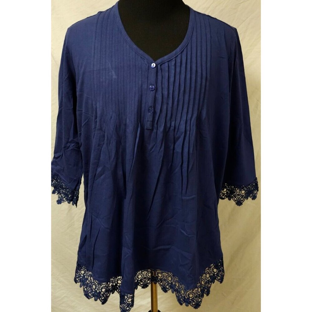 Adrian Dilafield Blouse XX Navy Blue Lace Ruffles Buttons Babydoll Blouse Top